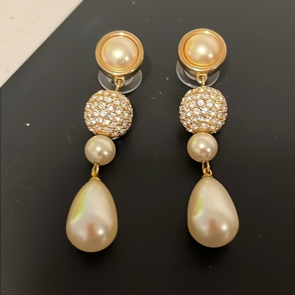 Vintage George Salo Drop Earrings Gold CZ Pearl